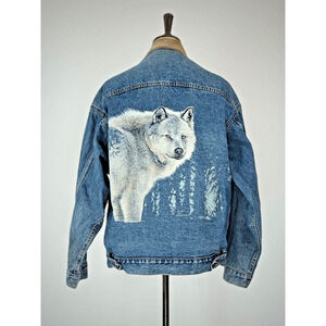 INTERNATIONAL DENIM Fleece Lined Denim Jacket Painted WOLF BACK #0100 MED